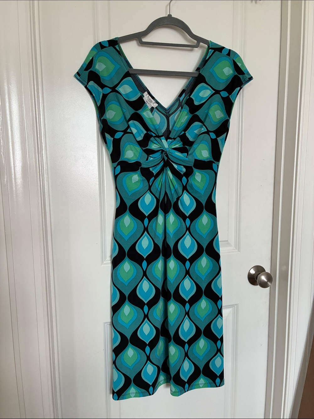 Knot-Front V-Neck Midi Dress in Teal Green and Black Peacock print